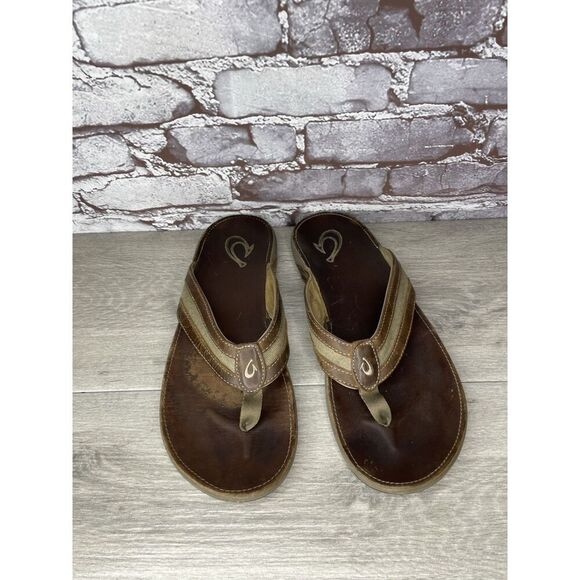 OLUKAI Ikoi Brown Leather Flip Flops Beach Sandals Men Sz 12M US/45EU 10360-1313 - Picture 2 of 16